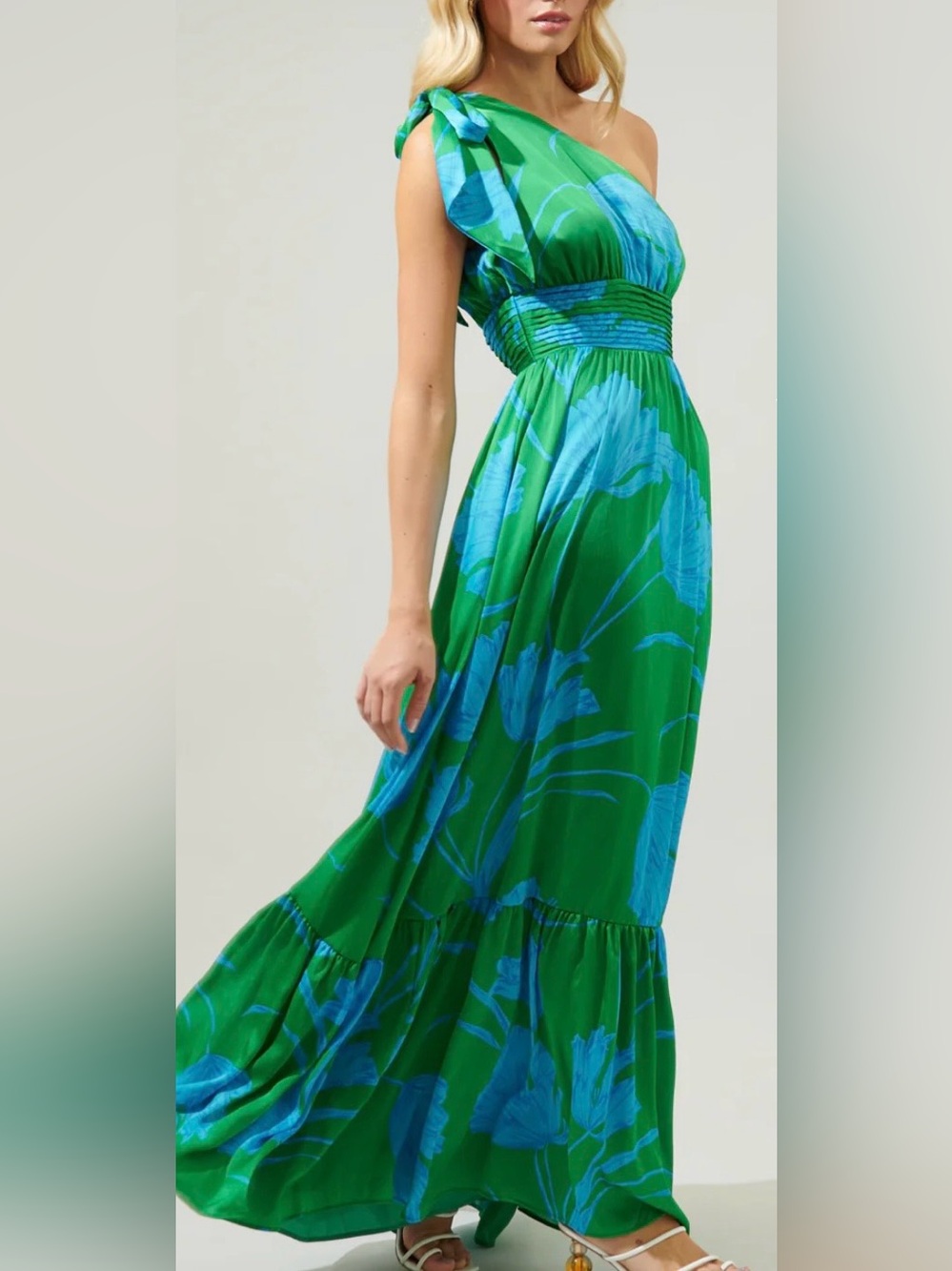 Sugarlips One-Shoulder Green and Blue Floral Maxi Dress NWT Medium - Picture 2 of 8